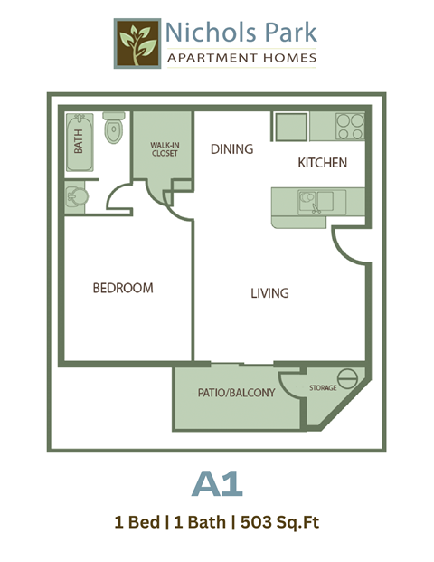 A floor plan for a 1 bedroom, 1 bathroom apartment at Nichols Park Apartment Homes.